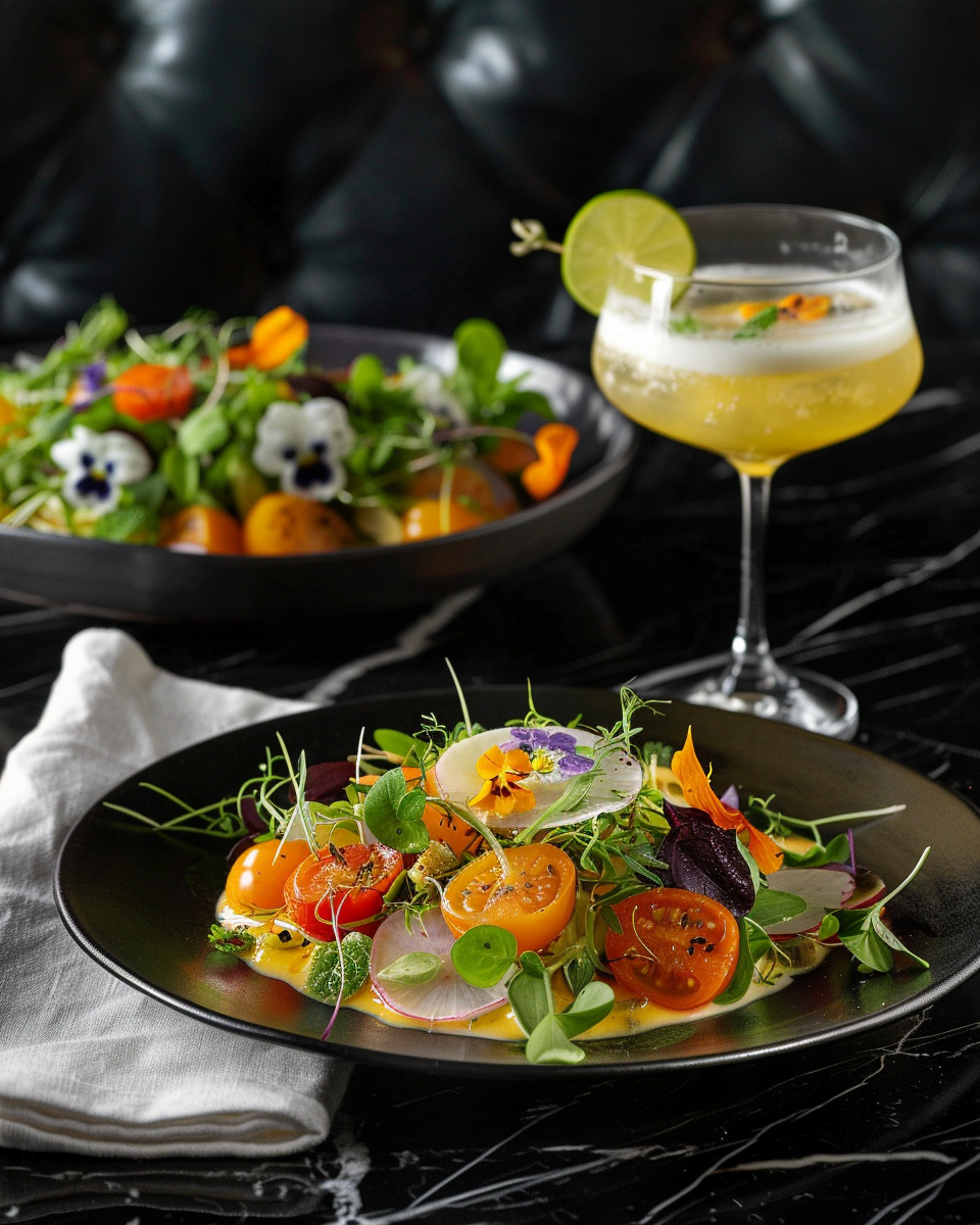 Heirloom tomato and radish salad with pea shoots and edible flowers on a pale sauce in a matte black bowl, a golden cocktail beside it on dark marble