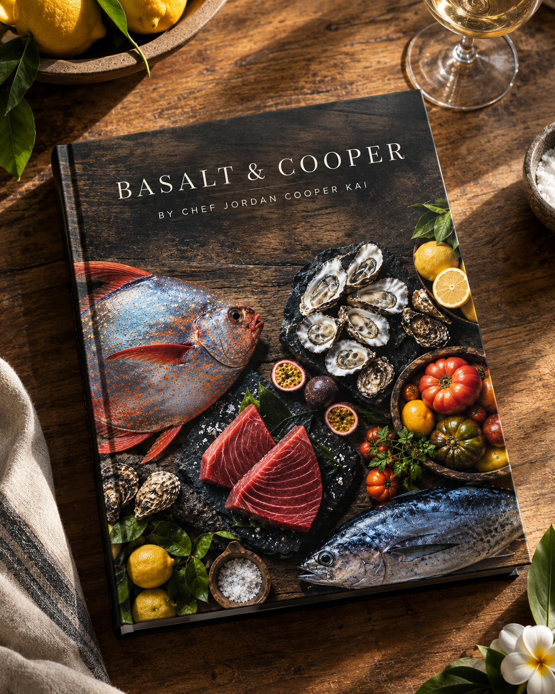 The Basalt & Cooper cookbook by Chef Jordan Copper Kai, lying on a wooden table beside lemons, oysters and fresh fish