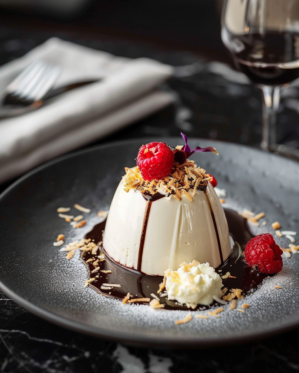 Haupia panna cotta on a dark plate with chocolate drizzle, toasted coconut, mochi crumble, raspberries and a dusting of powdered sugar