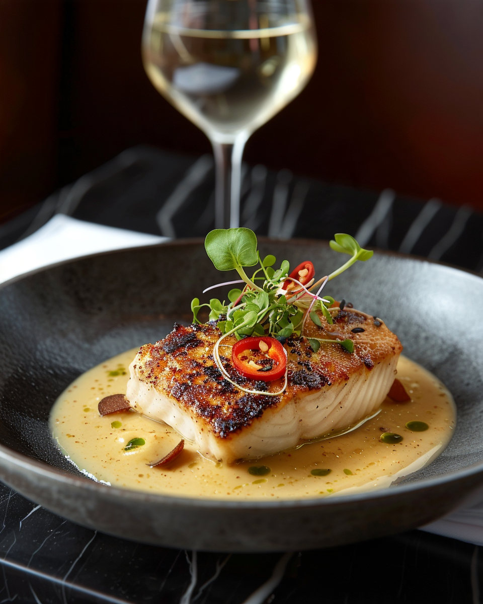 Macadamia-crusted seared opah in a shallow bowl of lilikoʻi beurre blanc, topped with microgreens and pickled chili, with white wine behind