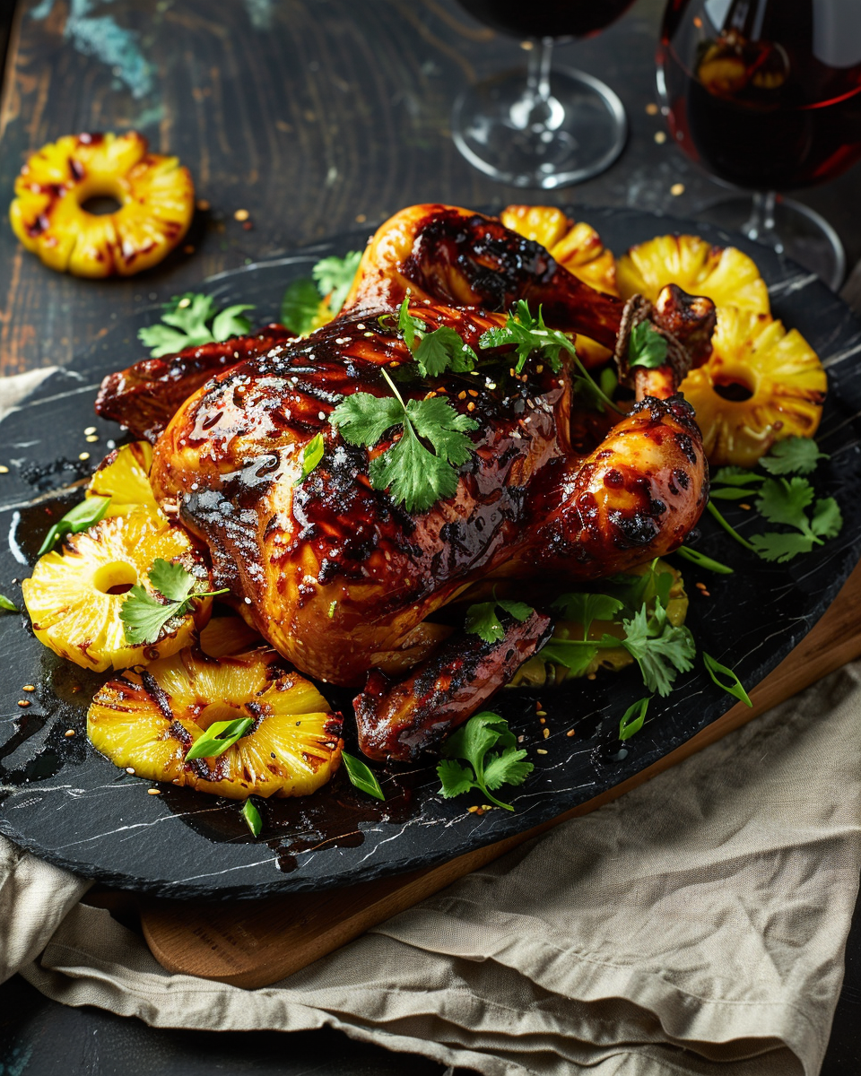 Huli-huli glazed whole roasted chicken on a black slate platter with charred pineapple rounds, cilantro, green onion and red wine behind